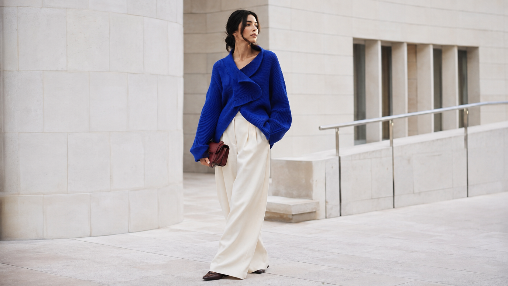 Fictional FORME collection: cobalt cardigan, ivory trousers and burgundy bag